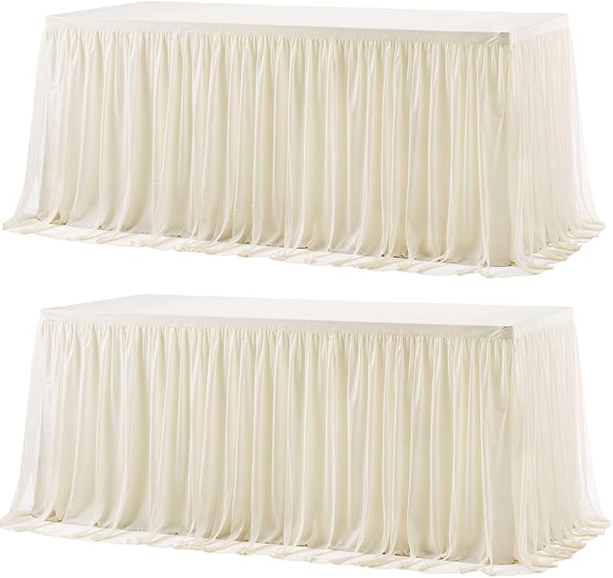 2 Pack 8ft Ivory Tulle Tablecloths for Rectangle Tables, 8 Foot Ivory Rectangular Table Cloth Wrinkle Free Tablecover with Tutu Skirt for Wedding Baby Shower Birthday Party Banquet Buffet Cake
