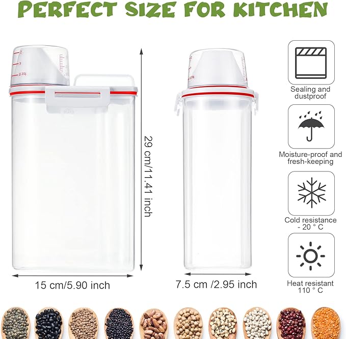 Rice Storage Bin 4 Pcs Cereal Containers Dispenser with Measuring Cup Plastic Storage Containers with Lids Kitchen Storage Bin Rice Holder Container Food Container Sets for Flour Cereal, 2.5 L (Red)