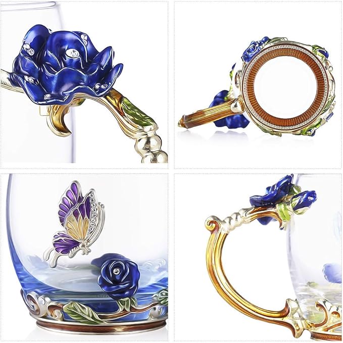 Luka Tech Enamels Butterfly flower Lead-free Glass Coffee Mugs Tea Cup with Steel Spoon, personalised Gifts For Women Wife Mom Friends Birthday Mothers Valentines Day Wedding (Blue)