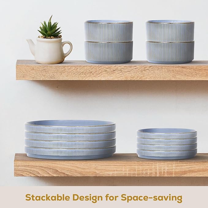 Romswi Stoneware Dinnerware Sets 18Pcs, Ceramic Plates and Bowls Set for 6, Chip & Scratch Resistant Ribbed Dish Set, Handmade Reactive Glaze, Oven, Microwave & Dishwasher Safe, Gray Blue