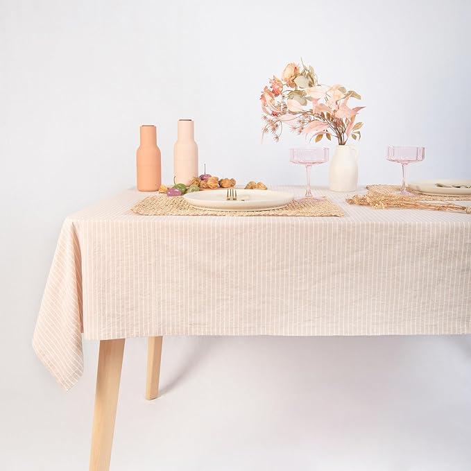 MONDAY MOOSE Striped Farmhouse Picnic Style Decoration Rectangle Natural Stonewashed Cotton Tablecloth for Kitchen, Dining Room, Restaurant (55x70 inch, Beige/White Stripes)