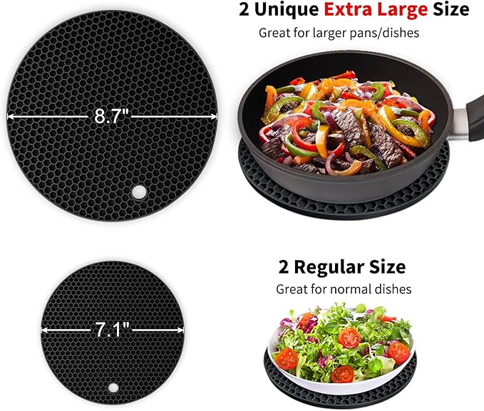 Silicone Trivet Mats - Walfos Heat Resistant Pot Holders Set, 4pcs 2 Sizes 7 Inch & 9 Inch, Multipurpose Non-Slip Hot Pads for Hot Pot, Hot Dishers, Jar Opener, Food Grade & BPA Free (Black)