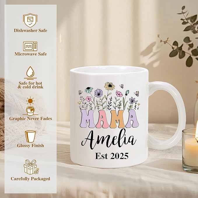 Custom Christmas Coffee Mug Gifts for Mom,11oz Personalized Ceramic Mama Cup with Photo Text & Birth Flower, Customized Birthday Gift for New Moms (Mom-Text)