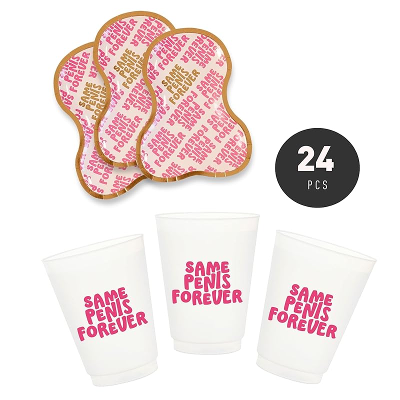 24 Pcs Same Penis Forever Bachelorette Party Cups & Plates by Stag & Hen | Custom Personalized Drinkware Tableware for Cute Classy Theme Bridal Shower, Engagement Party | Gifts, Favors, Decor