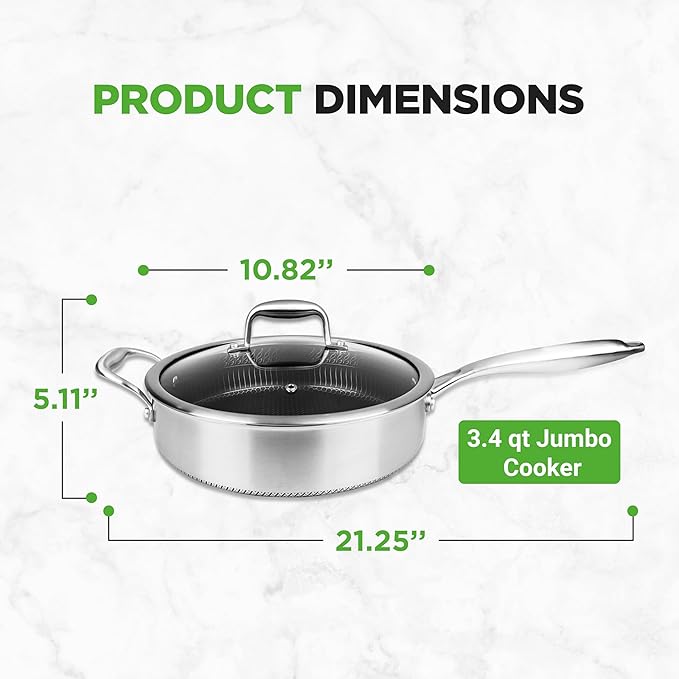 3.4QT Stainless Steel Jumbo Cooker - Triply Kitchenware Jumbo Cooker with Glass Lid - DAKIN Etching Non-Stick Coating, Scratch-resistant Raised-up Honeycomb Fire Textured Pattern - NutriChef NC3PSAUC