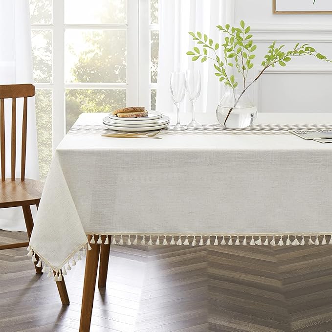 QIANQUHUI Embroidered Tablecloth for Dining Table,Dust Proof Spillproof Soil Resistant Cotton Linen Rectangle Table Cloths (Coffee Wheat, Rectangle/Oblong, 55'x102'', 8-10 Seats)