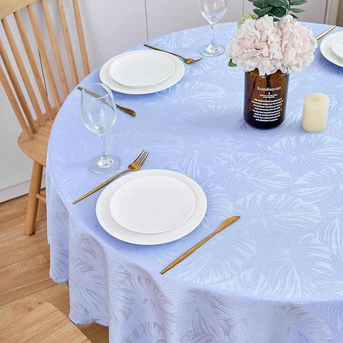 Round Tablecloth 60 Inch Purple Table Cloths Waterproof Washable Wrinkle Free Leaves Jacquard Fabric Table Cover for 20-48”Tables-Kitchen Dinning Outdoor Birthday Party Patio Decor