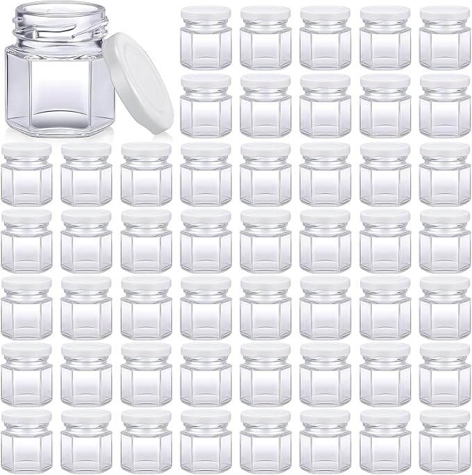 Nuogo 100 Pack 1.5oz Mini Hexagon Glass Jars Bulk for Wedding Small Honey Jars with Lids for Spice Canning Mason Gifts Candy Honey Wedding Party Favors DIY Crafts (White)