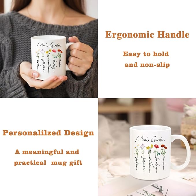 Custom Christmas Coffee Mug Gifts for Mom,11oz Personalized Ceramic Mama Cup with Photo Text & Birth Flower, Customized Birthday Gift for New Moms (Mom-Flowers & Names)