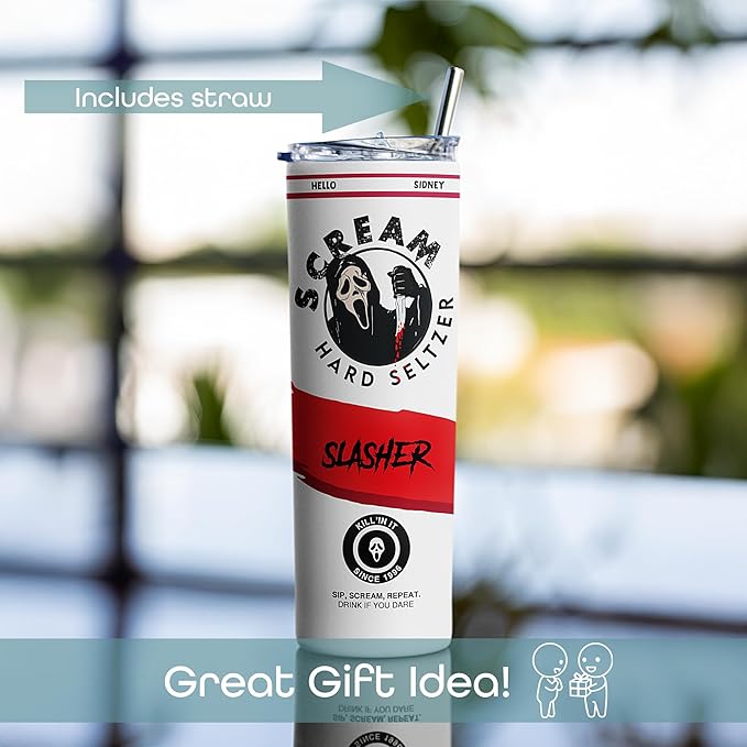 Scream Ghostface Tumbler, Hard Seltzer Themed, Scary Movie Horror Slasher Fan Gift, Insulated Travel Mug, Funny Novelty Gifts, Christmas Halloween Any Occasion, Coffee Drinker - 20 Oz