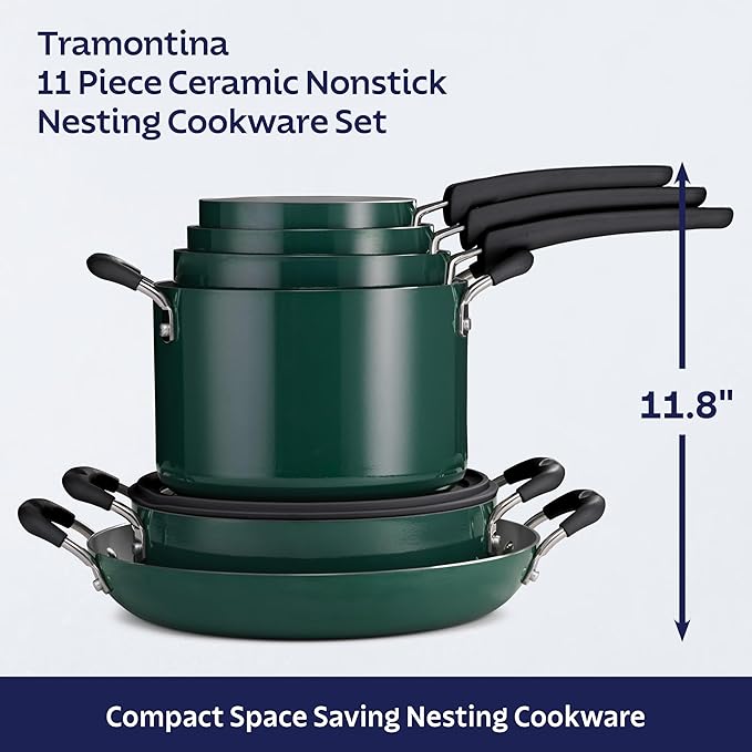 Tramontina Ceramic Non Stick 11-Piece Nesting Pots and Pans Set with Lids - Stackable Nonstick Cookware Set, Dishwasher and Oven Safe, Teal
