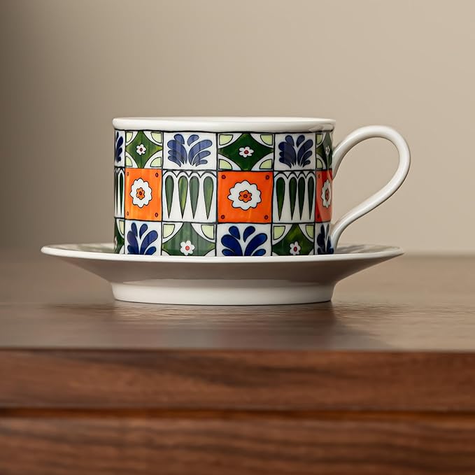 Ceramic Coffee Mug with Saucer 10 OZ Turkish Iznik Green Red Blue Flower Porcelain Coffee Cup Set for Home Office Women Men Gifts CM06