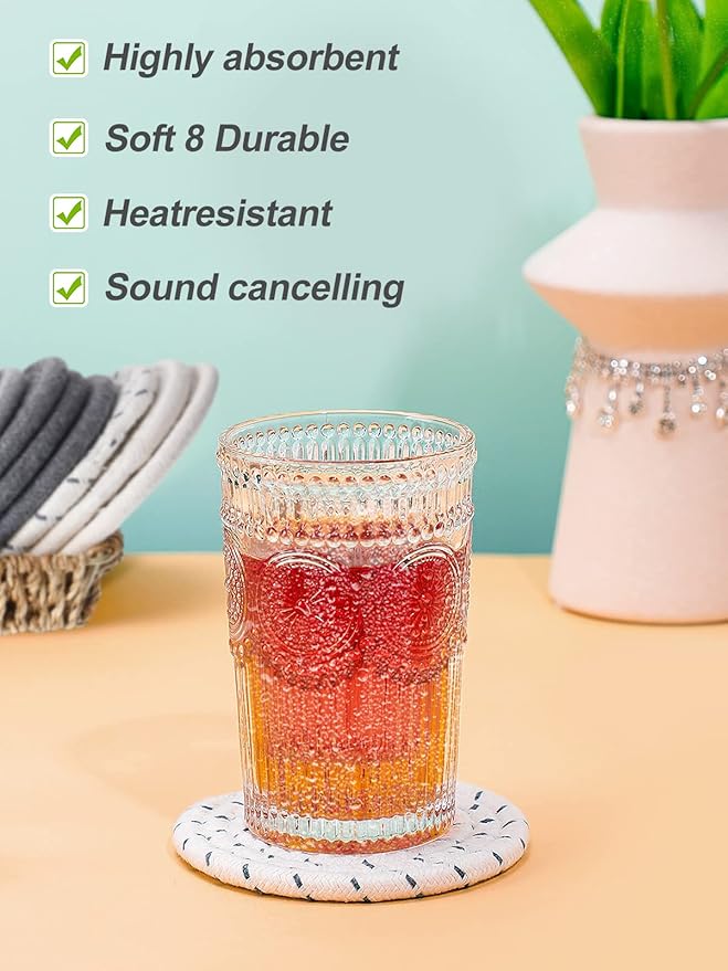 Handmade Woven Drink Coasters, 8 Pcs Boho Absorbent Coasters for Home Decor, Cotton for Farmhouse Table Kinds of Cups New House Gift(4.3in, Grey/White)