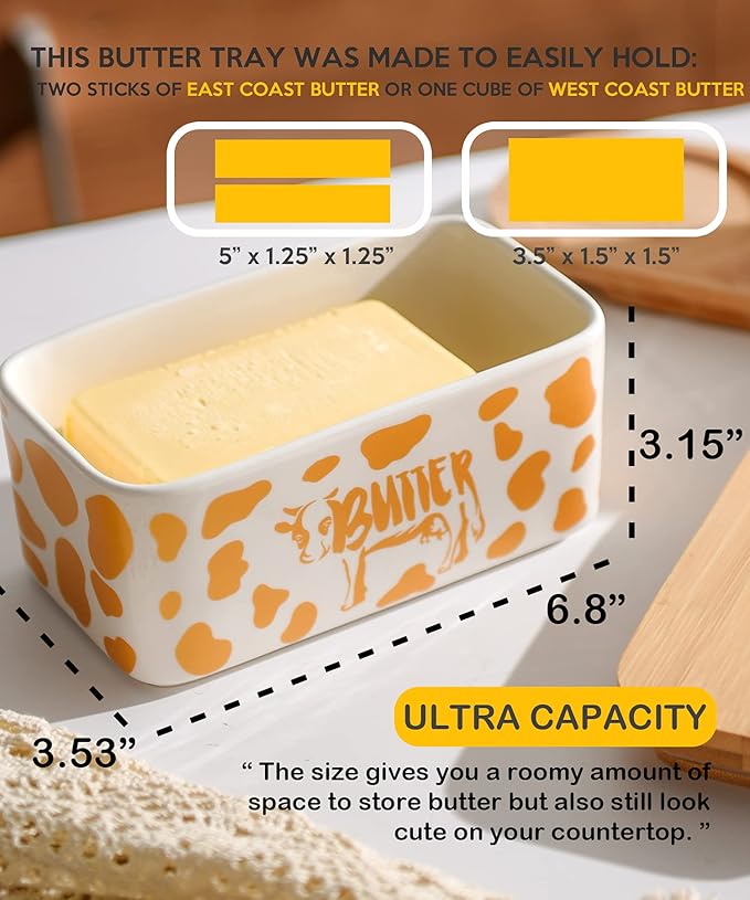 Butter Dish with Lid, Farmhouse Cow Butter Dish, Covered Butter Holder, Two Sticks of Butter, Large Covered Tray with Bamboo Lid (Gold)
