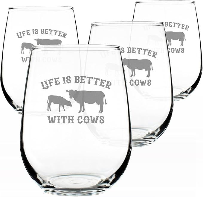 Life Is Better With Cows - Stemless Wine Glass - Funny Cow Gifts and Decor for Men & Women - Set of 4 - Large 17 oz Glasses