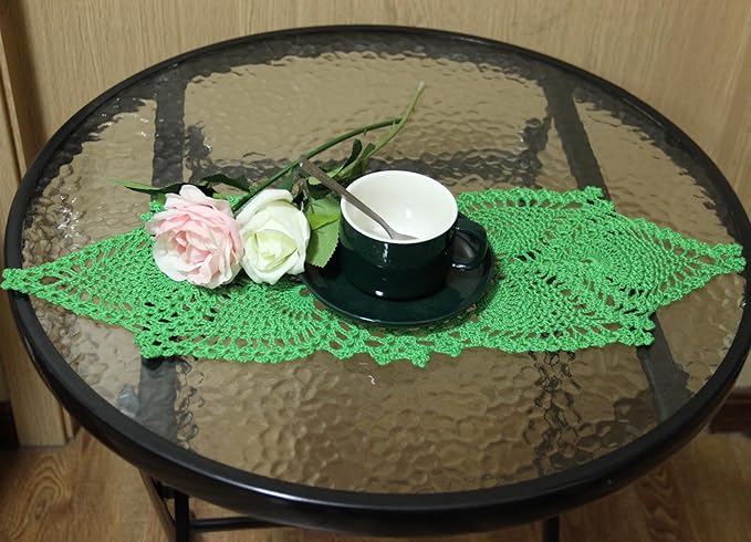 BIBITIME Crochet Lace Table Doilies Eyes Flower Doily Kitchen Vase Place Mats (7 in x 21 in,Pack of 1PC, Style02-GrassGreen)