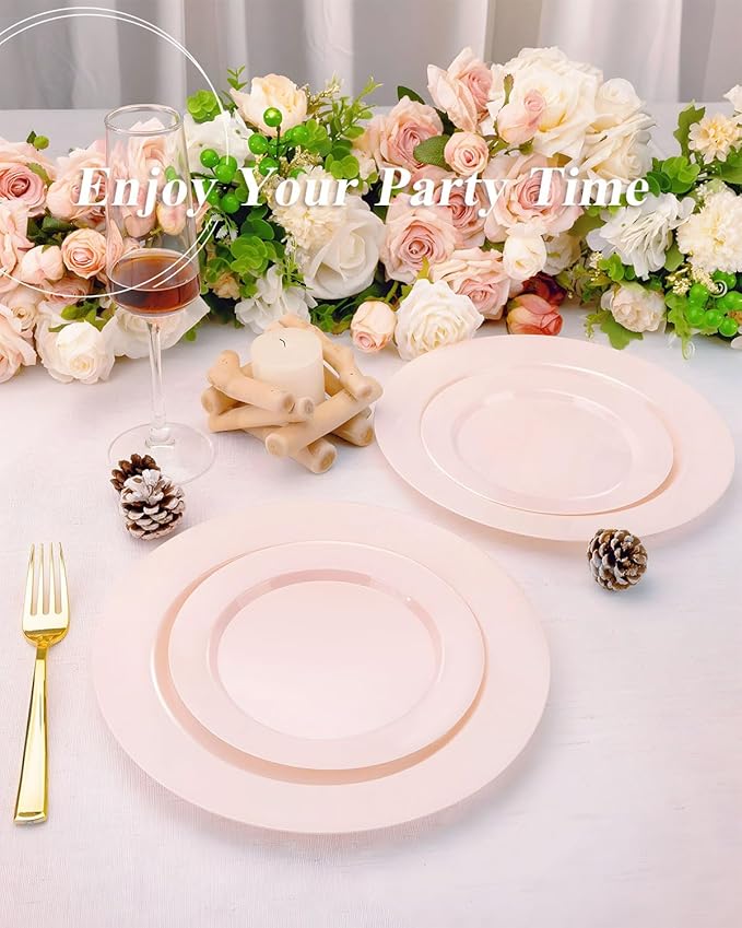 BESTSTAR 200PCS Pink Plastic Plates Set, 100 10.25 inch Dinner Plates and 100 7.5 inch Dessert Plates, Premium Disposable Plates for Party, Wedding