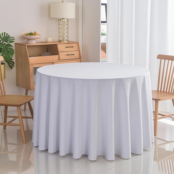 6-Pack Round 120-inch White Table Cloths, Solid Stain and Wrinkle Resistant Circular Tablecloth, Premium Plain Weave Polyester Fabric Table Linen Covers for Hotel, Banquet