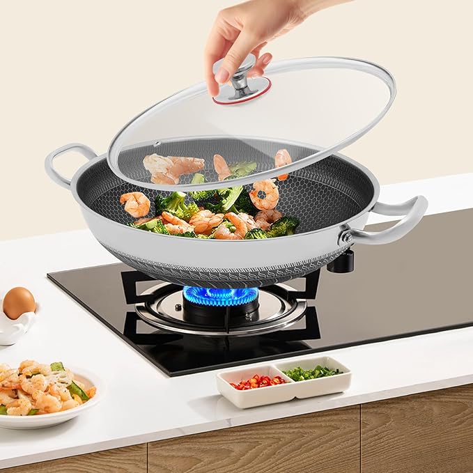 Wok Pan,Hybrid Wok with Lid,Non Stick Stainless Steel Woks & Stir-fry Pans Nonstick Frying Pan Dishwasher and Oven Safe, Works on Induction (14 inch)