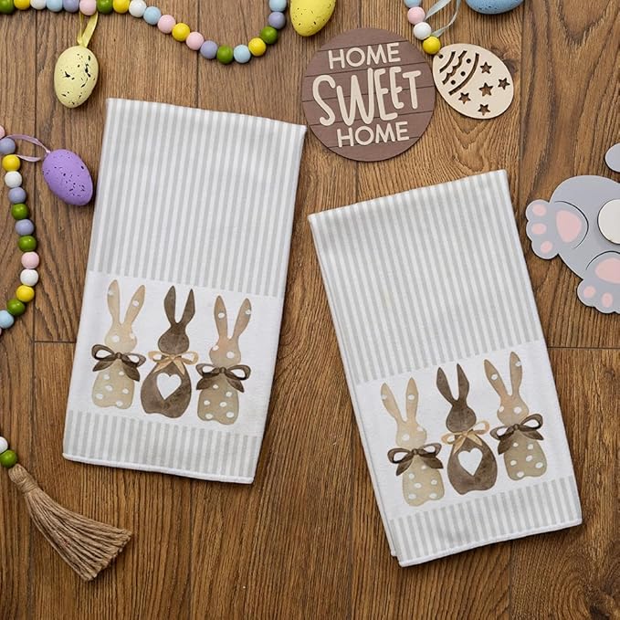 ARKENY Easter Kitchen Towels Set of 2,Beige Bunny Dish Towels 18x26 Inch Drying Dishcloth,Farmhouse Home Seasonal Spring Decorations AD220