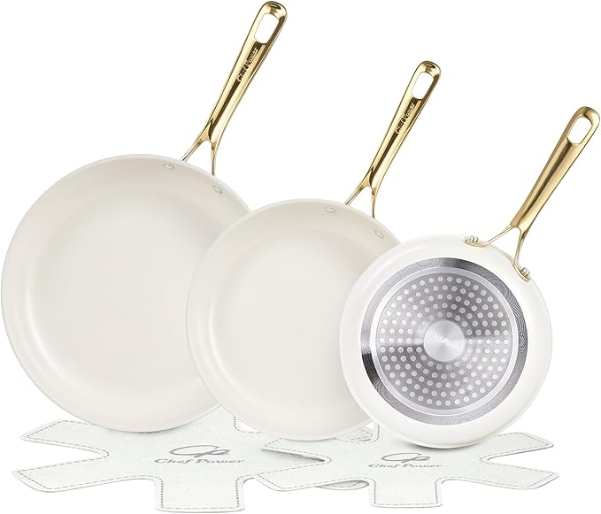 Chef Power Ceramic Frying Pan with Stainless Steel handle 5Pcs Set, Non Stick Grill Pan Set, Dishwasher and Oven Safe, Cream White and Light Gold Handle
