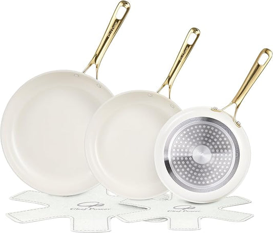 Chef Power Ceramic Frying Pan with Stainless Steel handle 5Pcs Set, Non Stick Grill Pan Set, Dishwasher and Oven Safe, Cream White and Light Gold Handle