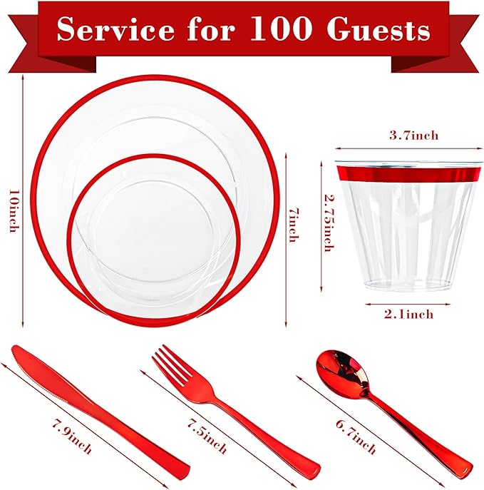 N9R 600PCS Clear and Red Disposable Plates, Heavy Duty Plastic Dinnerware Set for 100 Guests Includes 100 Dinner & Dessert Plates, Cups, Spoons, Forks, and Knives, Perfect for Parties, Weddings