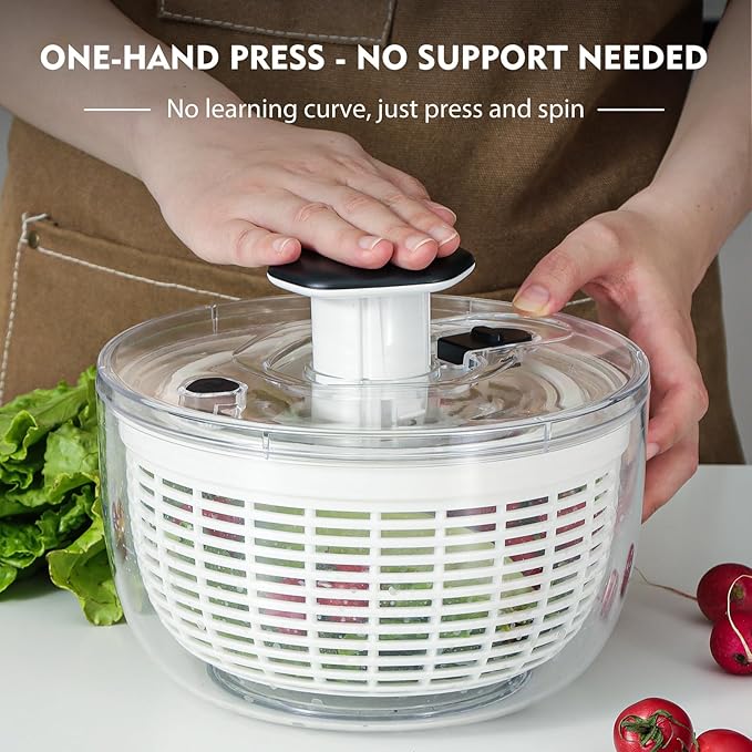 Ourokhome Salad Spinner Lettuce Dryer, One-handed Easy Press Large Vegetable Dryer Salad Mixer with Comfortable and Retractable Pusher and Brake Button for Greens, Herb, Berry, Fruits, 3.8 QT, Black
