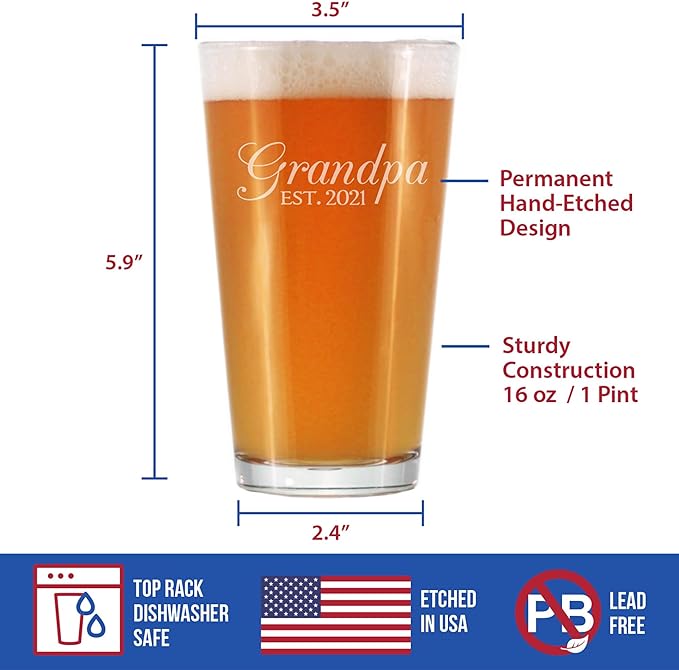 Bevvee Grandpa Est 2021 - New Grandfather Pint Glass Gift for First Time Grandparents - Decorative 16 Oz Glasses