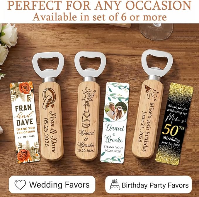 Personalized Wedding Favor Gifts for Guest, Wooden Bottle Openers Set with customized Couple's Names & Wedding Date, Set of 6-150 with Optional Thank You Cards