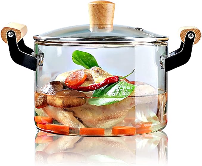 Glass Simmer Pot 3.5L Pots for Cooking with Cover and Wooden Handle Glass Cookware for Stovetop Safe for Pasta Noodle Soup Milk Baby Food(118 oz)