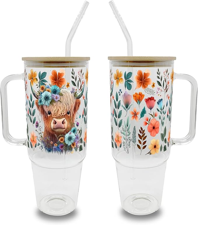 Sip-Sip Hooray! 40oz Highland Cow Glass Tumbler with Handle, Large Iced Coffee Cup with Bamboo Lid & Straw, Dishwasher Safe Farmhouse Glass Mug, Cute Cow Gift for Women, Smoothie and Boba Drinkware