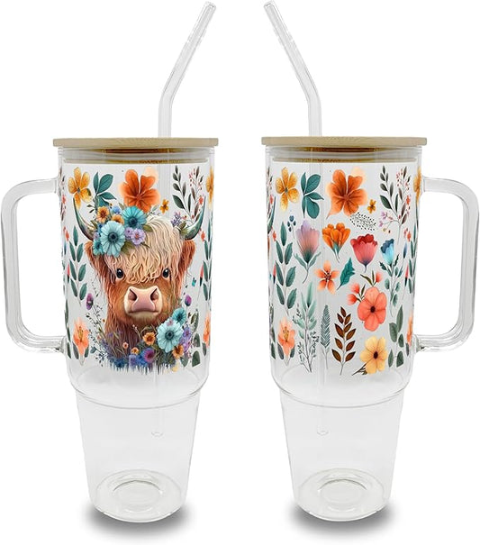 Sip-Sip Hooray! 40oz Highland Cow Glass Tumbler with Handle, Large Iced Coffee Cup with Bamboo Lid & Straw, Dishwasher Safe Farmhouse Glass Mug, Cute Cow Gift for Women, Smoothie and Boba Drinkware