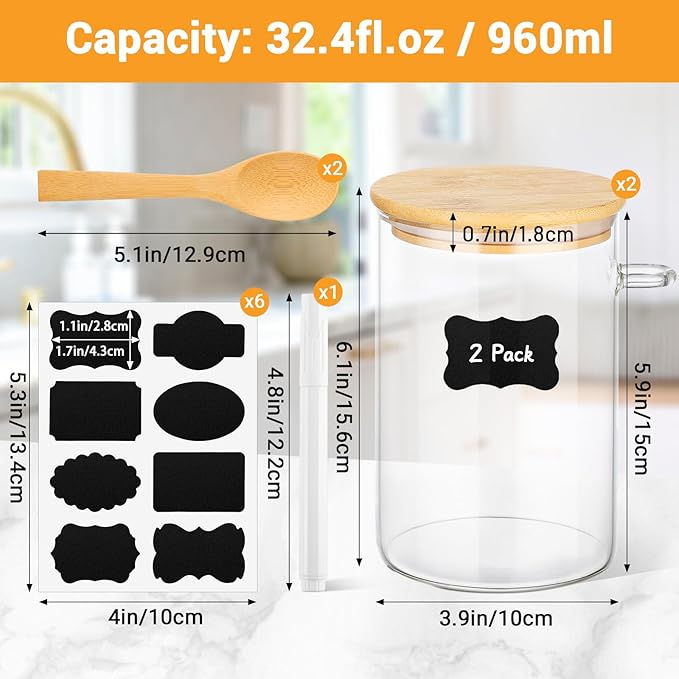 Glass Jars with Bamboo Lids and Spoon - 2 Pack 32 Fl.oz Round Food Storage Containers with Airtight Lid, Includes Labels and Marker, Glass Kitchen Canister for Rice, Flour, Sugar, Cereal, Oats