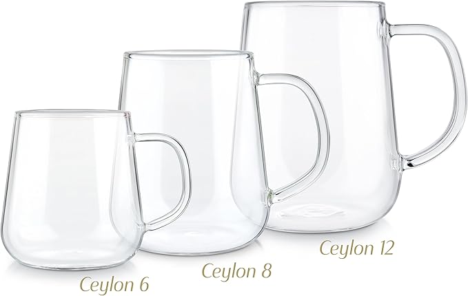 Teabloom Set of 2 Premium Borosilicate Glass Mugs for Tea or Coffee - 12 Ounces / 350 ml - Stain-free and Microwave Safe