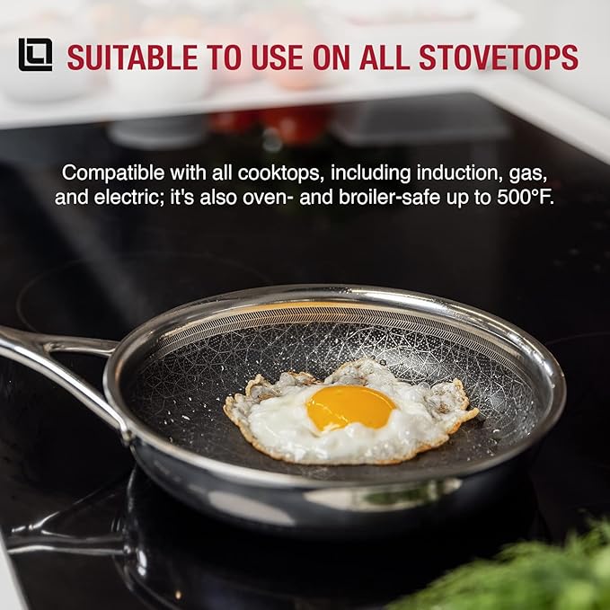 LIVWELL DiamondClad 10-Inch Hybrid Nonstick Fry Pan - Kitchen Gift - Frying Pan Stainless Steel Cookware Set with Tempered Glass Lids - Dishwasher Safe, PFOA-free Cookware - Silver/Black