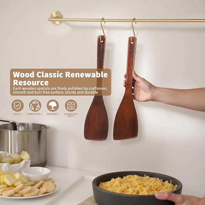 Wooden Spatula for Cooking, Long Handle Corner Spatulas for Frying Pan, Right Hand Wood Turner for Cooking Kitchen Utensils