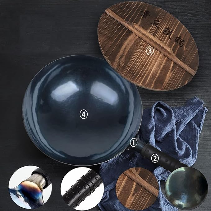 14 Inch Chinese Hand Hammered Iron Wok and Stir Fry Pans with Lid Round Bottom Wok Pan Non-stick No Coating Ideal for Home Use and Gift Giving