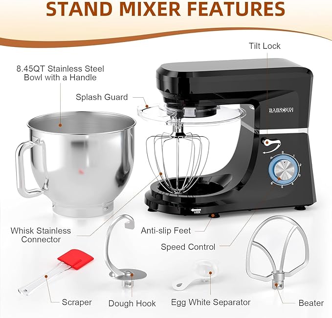 Dough Mixer 8.45 QT Electric Mixer - 660W 6 Speed Large Capacity Kitchen Stand Mixer with Whisk Dough Hook Mixing Beater Household Food Mixer for Baking Cakes Cookie Bread Salad(Black)