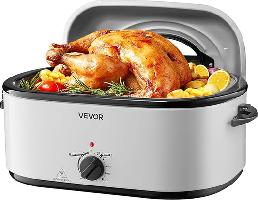 VEVOR Roaster Oven, 26QT Electric Roasting Pan, 150-450℉ Adjustable Temperature Fast-Cooking Turkey Roaster with Cool-Touch Handle, Visible Self-Basting Lid, Defrost & Warm Function, Fits 30lb Turkey