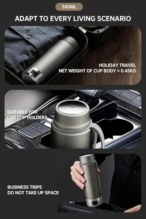 pure titanium electric kettle - portable water heater for travel. double-laver vacuum sealed titanium water bottle to boil and requlate temperature 100V-240V Smart Small Water Boiler for Tea380ML