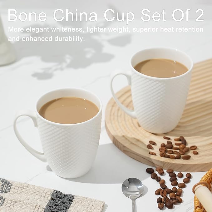 12 Oz White Coffee Mugs Set of 2, Fine Bone China Mugs, Ceramic Coffee Cups Set, Rhombus Relief Texture, Lightweight Tea Mugs for Latte, Hot Cocoa, Women, Men
