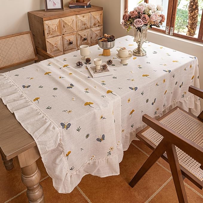 Ruffled Polyester Linen Tablecloth, Rectangular Dining Table Sunflower Butterfly Flower Ginkgo Biloba Embroidered Tablecloth, Multi-Style Bohemian Country Rustic Farmhouse Tablecloth 55x71 inches