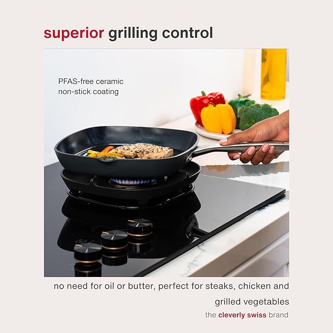 Zyliss Ultimate Pro Square Ceramic Grill Pan - Durable Grill Pan with Non-Stick Coating - Food- & Oven-Safe Pan for Grilling & More - Everyday Pan with Pouring Spout - 10"