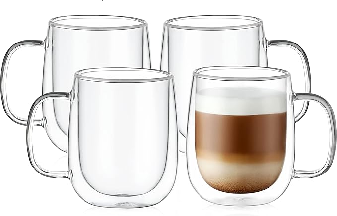 CNGLASS Large Double Wall Glass Coffee Mug 15.2oz,Clear Insulated Glass Espresso Cup with Big Handle,Clear Glass Espresso Mugs for Latte,Cappuccino,Tea Bag,Hot and Cold Beverages,set of 4