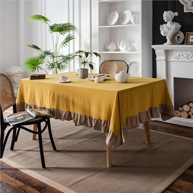 Rectangular Tablecloth Ruffled Yellow Tablecloth Plain Tablecloth Washed Cotton Suitable for Restaurant Camping(Style4,140 * 160cm)