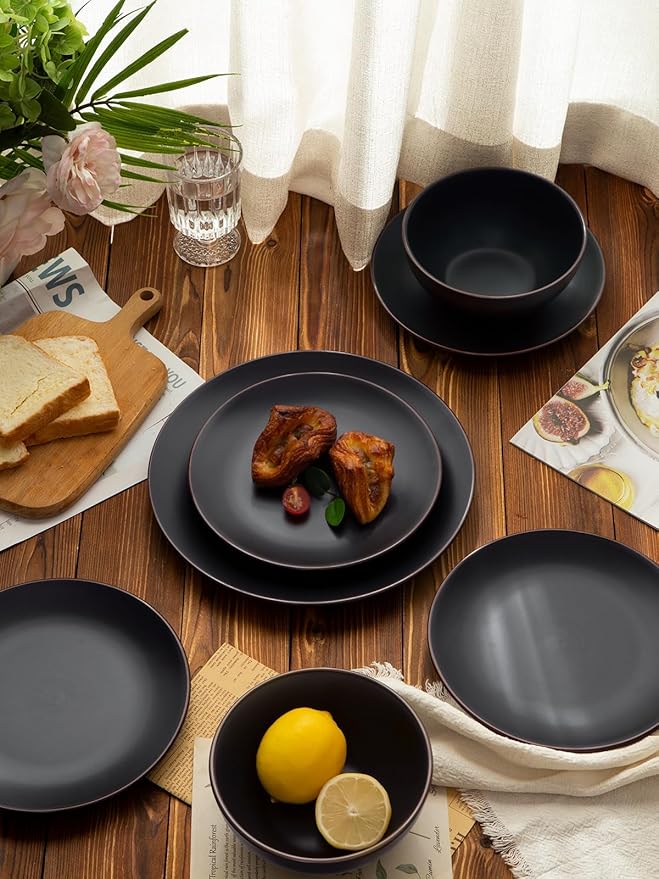 Famiware Venus Ceramic Plates and Bowls Sets, Dinnerware Dish Sets for 8 (24 Pieces) - Microwave and Dishwasher Safe, Matte Black