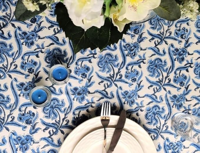 ATOSII Midnight Bloom 100% Cotton Spring Summer Tablecloth, Hand Block Print Rectangle Table Cover for Kitchen Dining Linen I Parties, Outdoors, Wedding, Easter I 72 X 140 Inches I 12 Seater