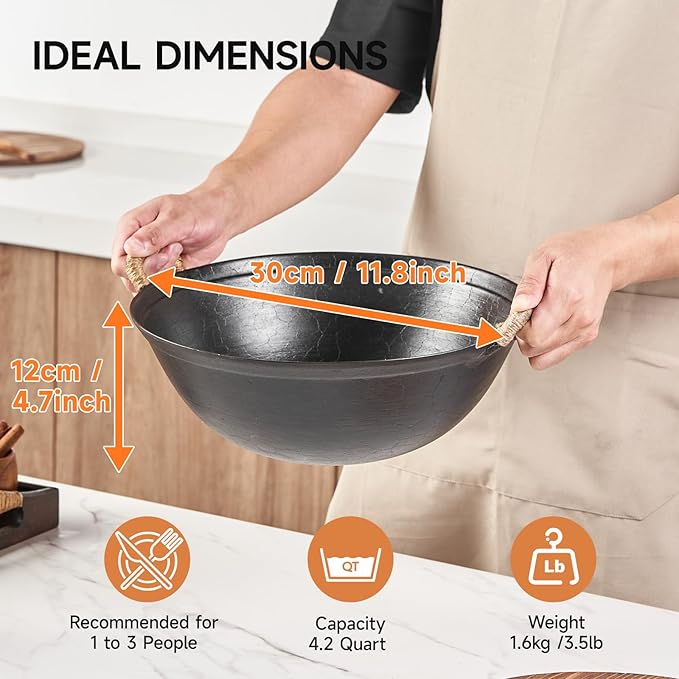 WANGYUANJI 11.8" Round Bottom Cast Iron Wok - Small Traditional Pow Wok for Camping & Open Fire - Gas Stove Compatible (Wok Ring Required) - Uncoated Stir Fry Pan with Cleaning Brush