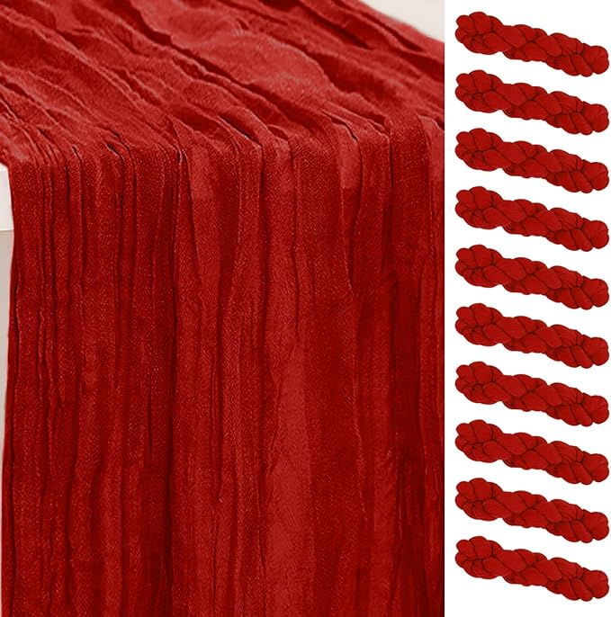 10 Pack Burgundy Cheesecloth Table Runner 35x120 Inch 10Ft Rustic Gauze Cheese Cloth Table Runner Sheer Cheesecloth Table Runners for Wedding Party Bridal Shower Decoration